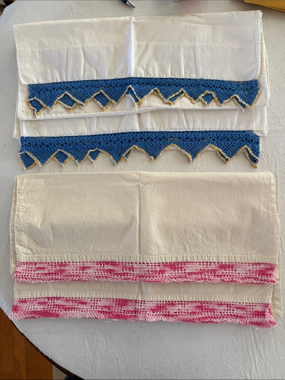 Vintage pillow cases with Blue and Pink Crochet Trim
